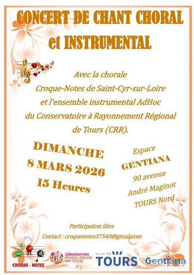Concert de chant choral et instrumental avec la chorale Croque-Notes de Saint-Cyr-sur-Loire et les ensembles Ad Hoc du Conservatoire de Tours et Dodécadanse du