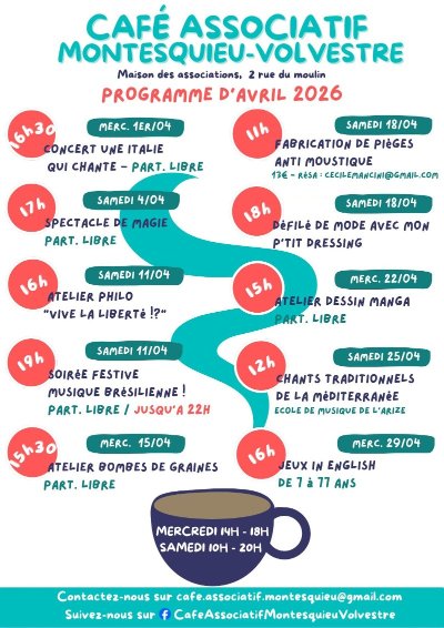 PROGRAMMATION D'AVRIL DU CAFÉ ASSIOCIATIF DE MONTESQUIEU-VOLVESTRE