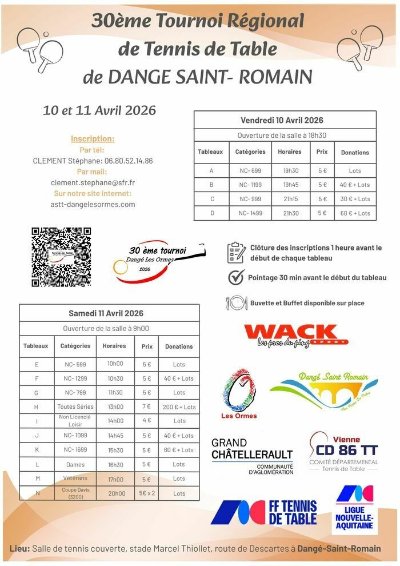 30ème TOURNOI DU TENNIS DE TABLE LOISIRS - LE 11/04