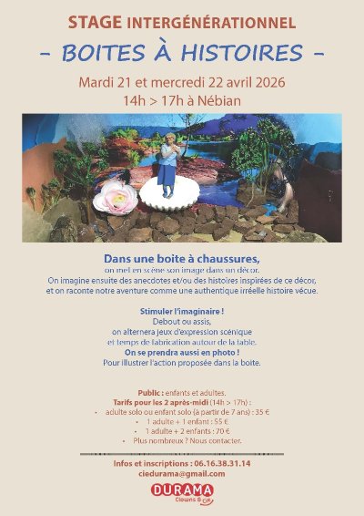 STAGE INTERGÉNÉRATIONNEL BOITES À HISTOIRE
ENFANTS DÈS 7 ANS ET ADULTES