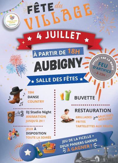Aubigny : Fête du village ! feu d’artifice, musique, danse country